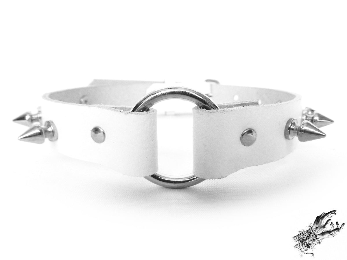 White Leather Studded O Ring Choker