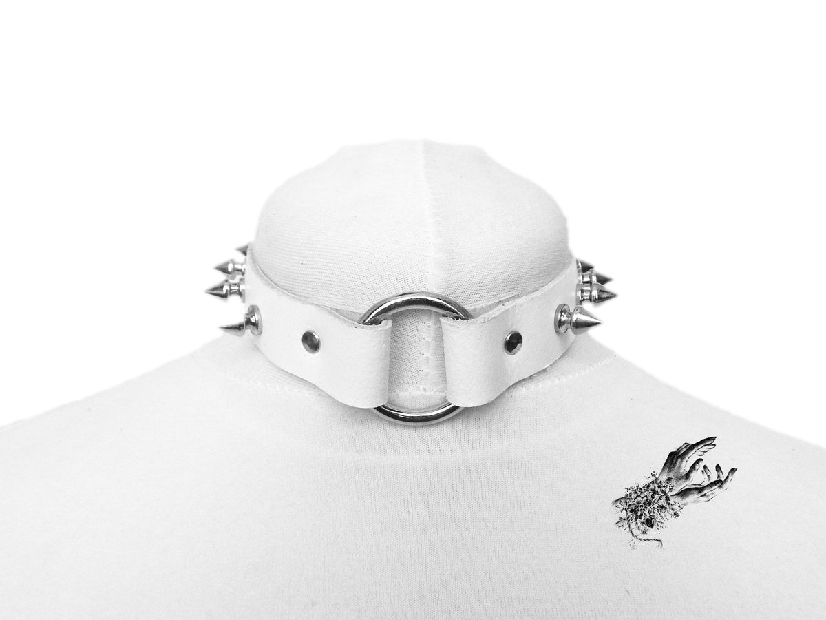 White Leather Studded O Ring Choker