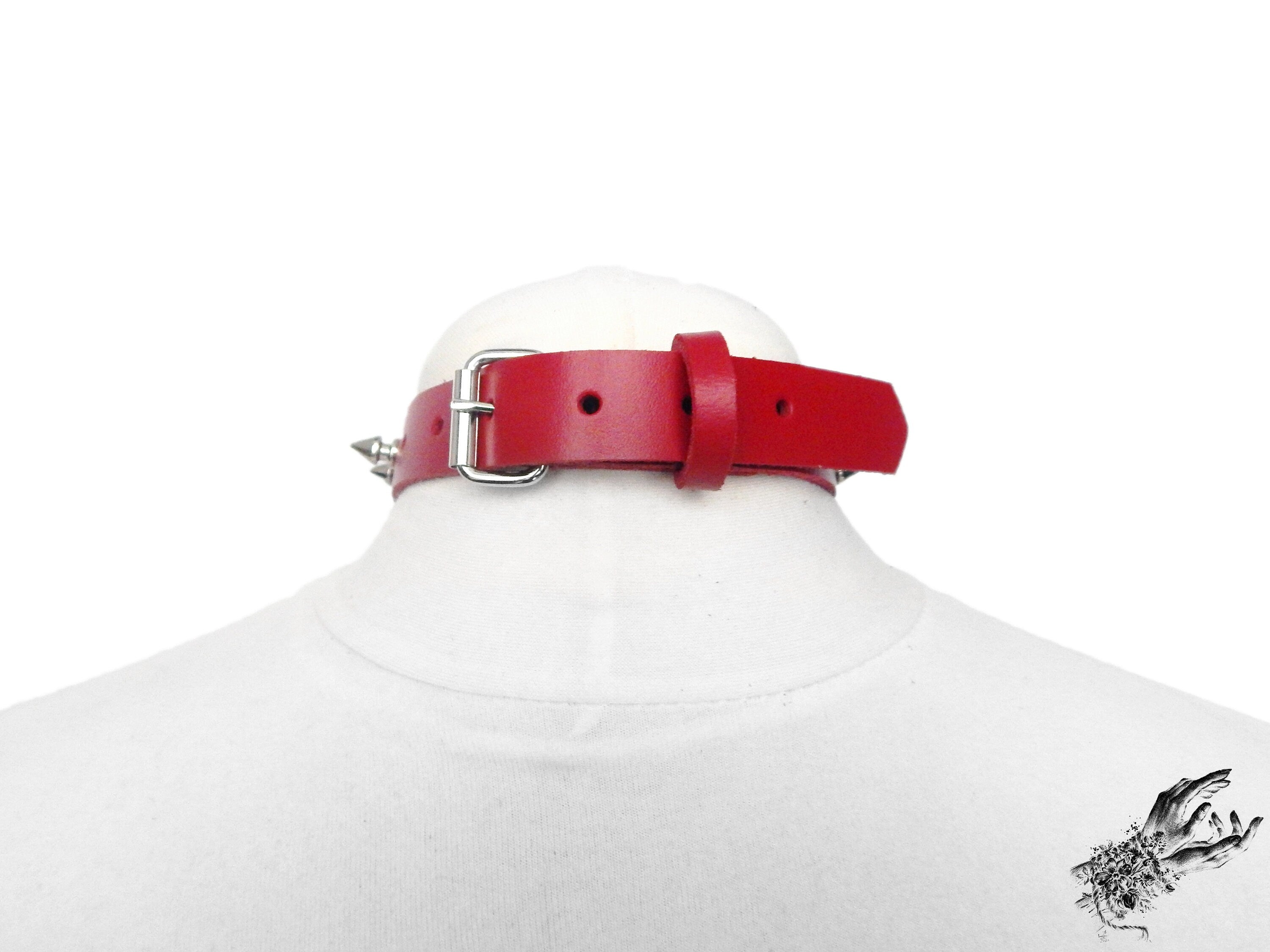 Red Leather Studded O Ring Choker