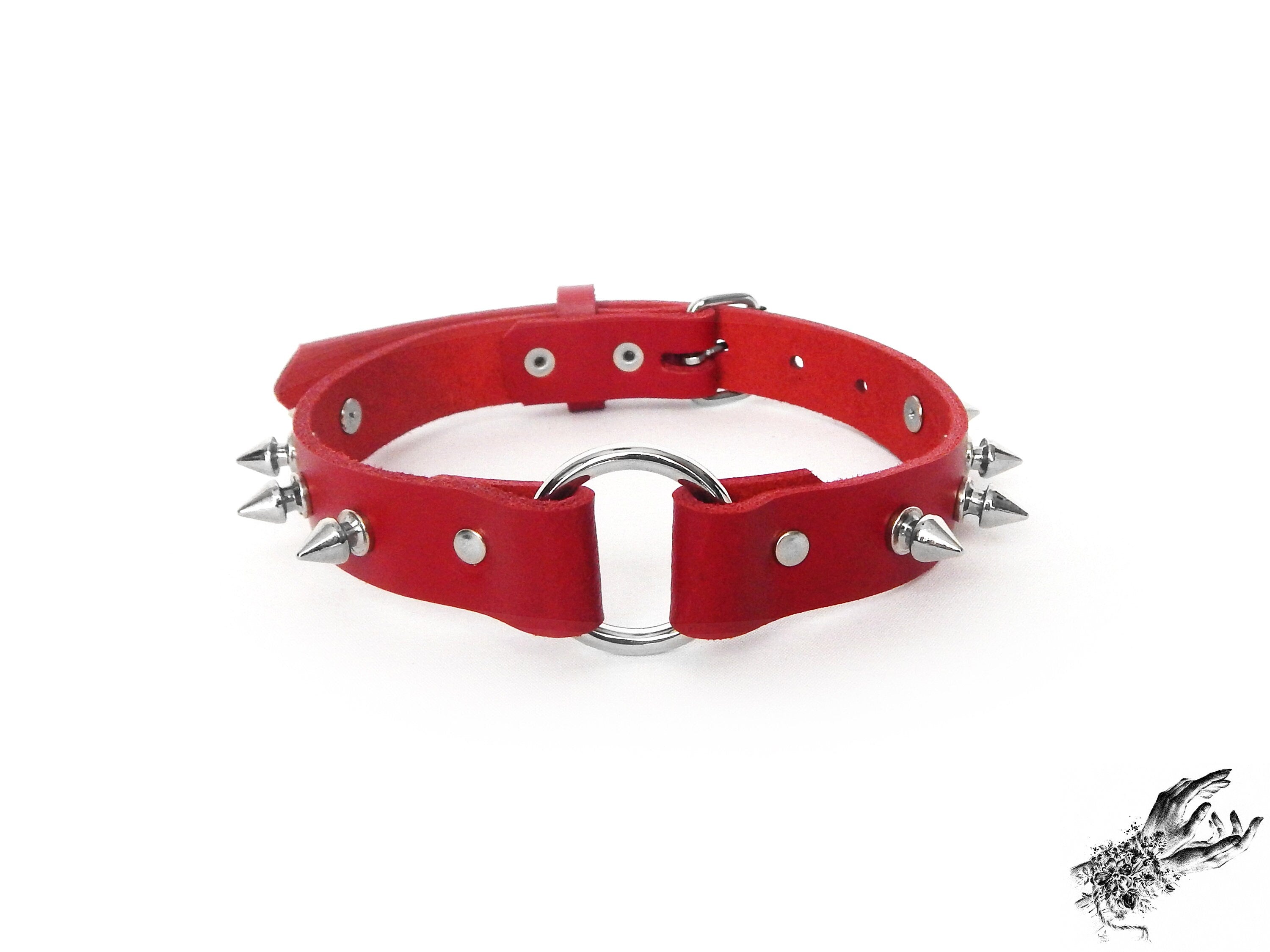 Red Leather Studded O Ring Choker