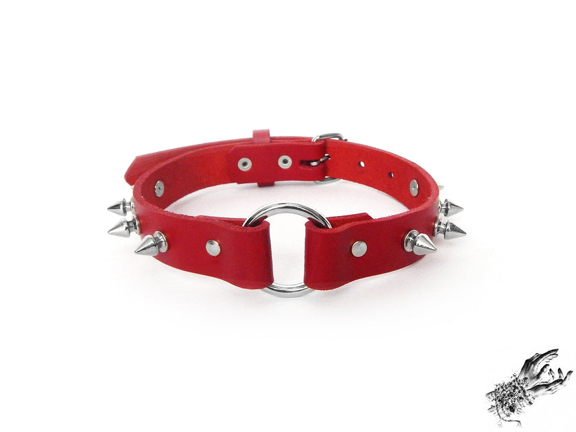 Red Leather Studded O Ring Choker