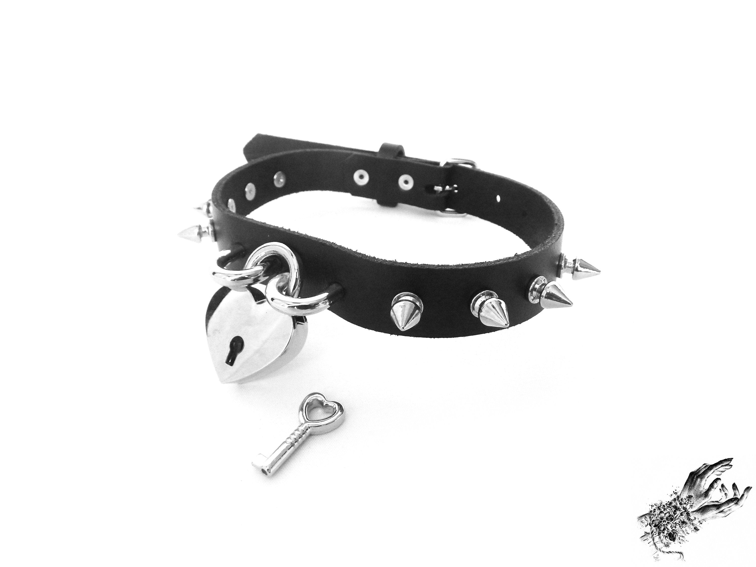 Black Studded Heart Padlock Choker with Key