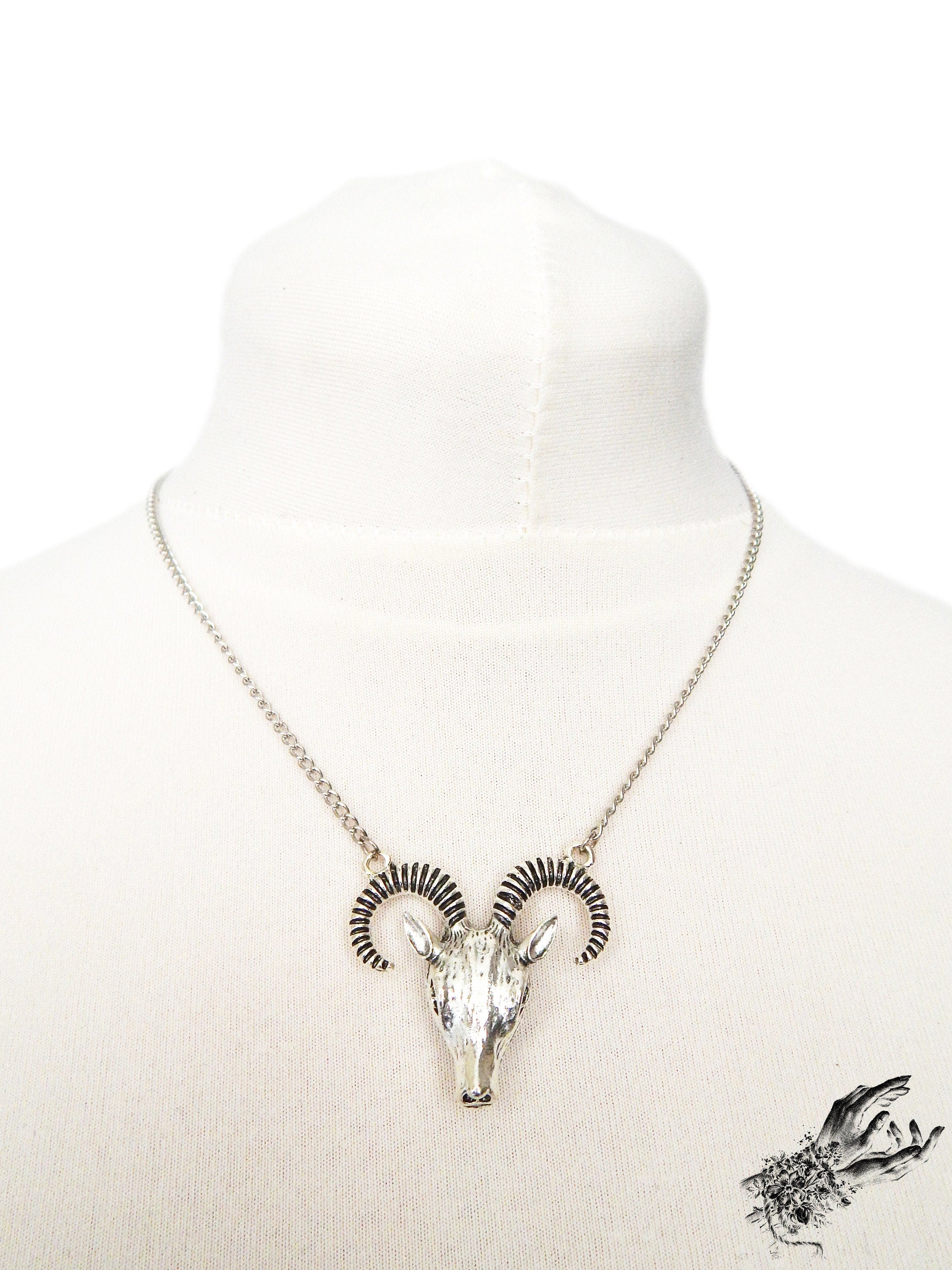 Antique Silver Ram Skull Necklace