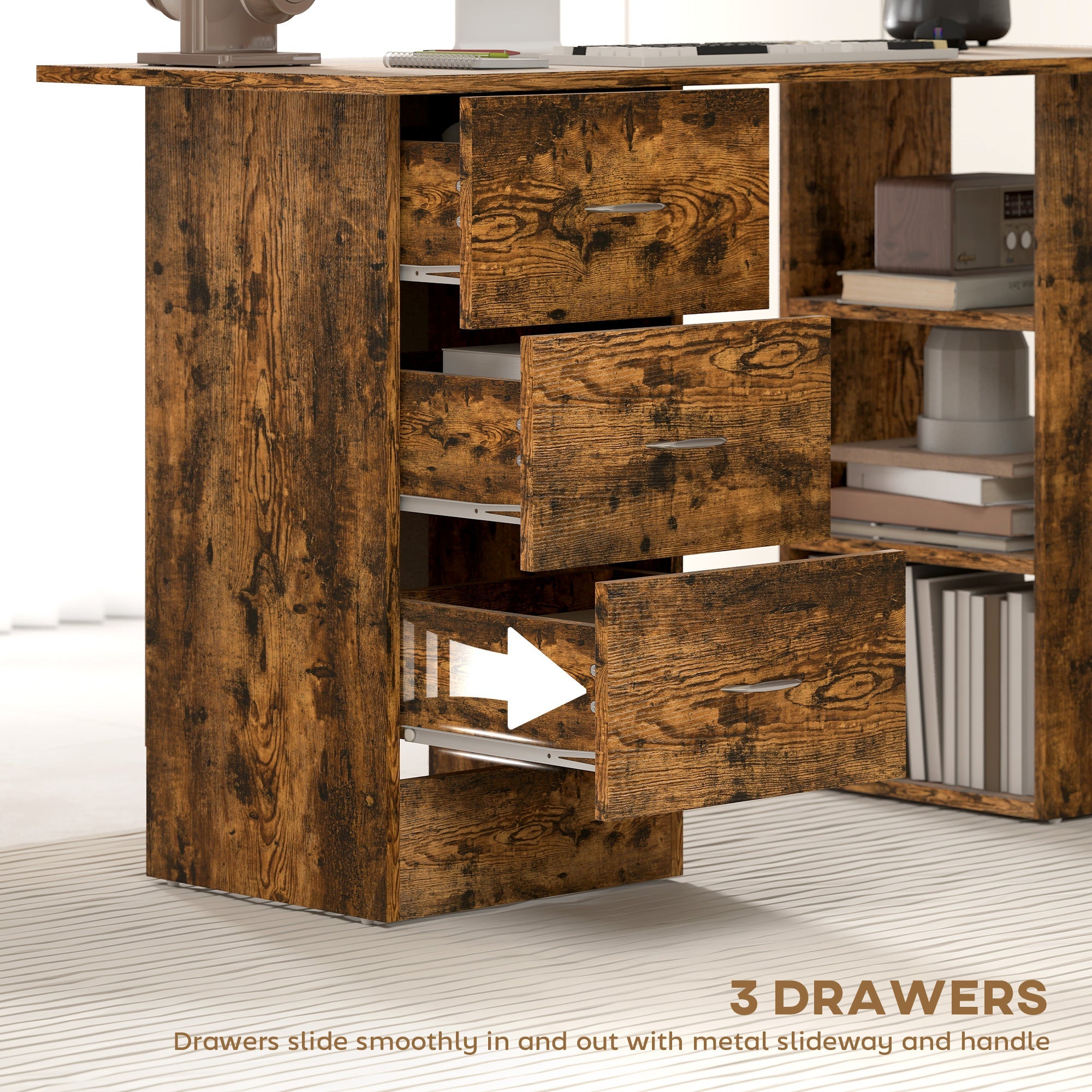 HOMCOM Computer Desk, Writing Table, PC Workstation with 3 Storage Shelves and Drawers, Silver Handle, for Home Office, Rustic Brown