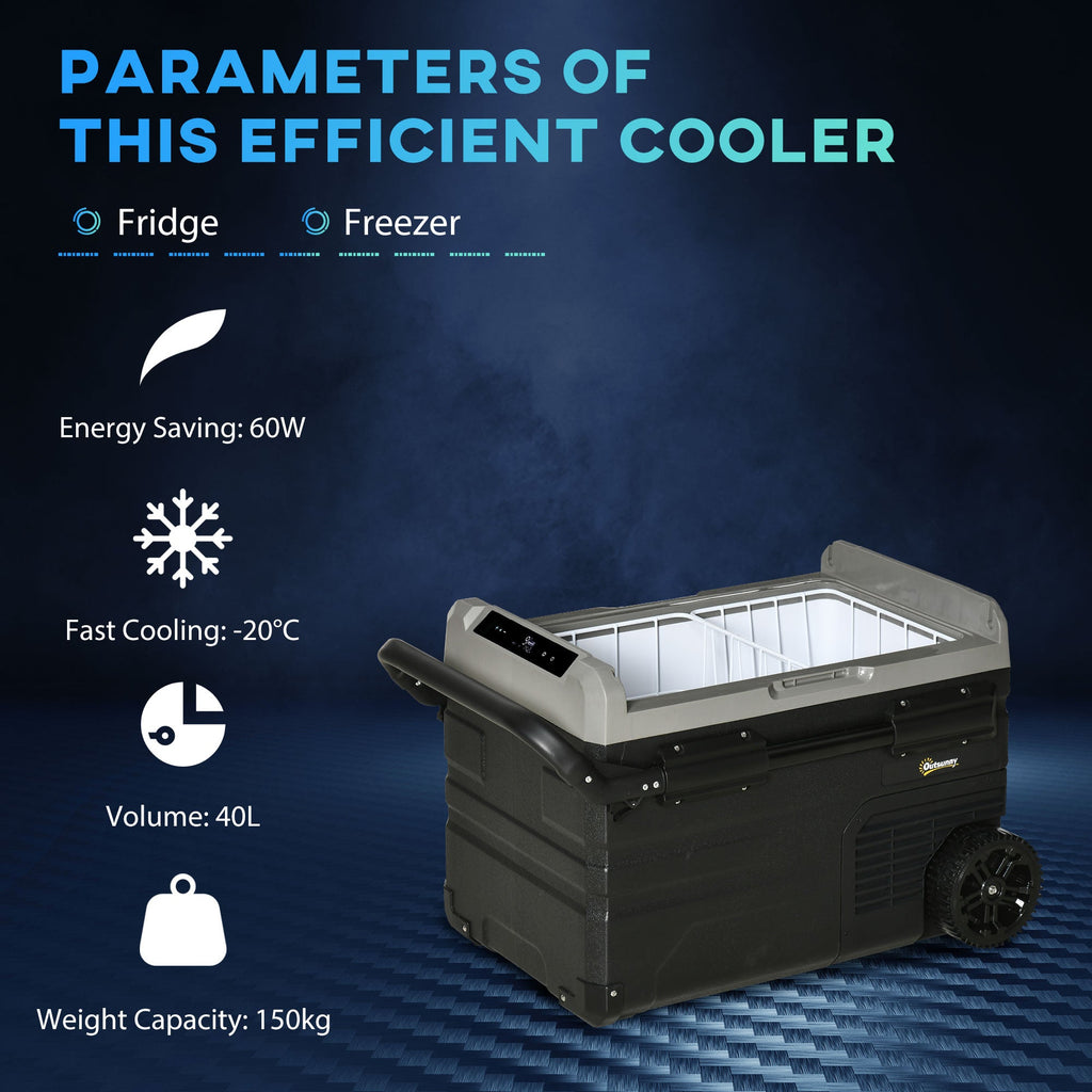 Outsunny 40L Car Refrigerator, Portable Compressor Cooler Box, Fridge Freezer w/ Inner LED Light, Foldable Handles, Cup Holders, 12/24V DC and 110-240V AC for Campervan RV Boat Travel Down to -20\'e2\'84\'83