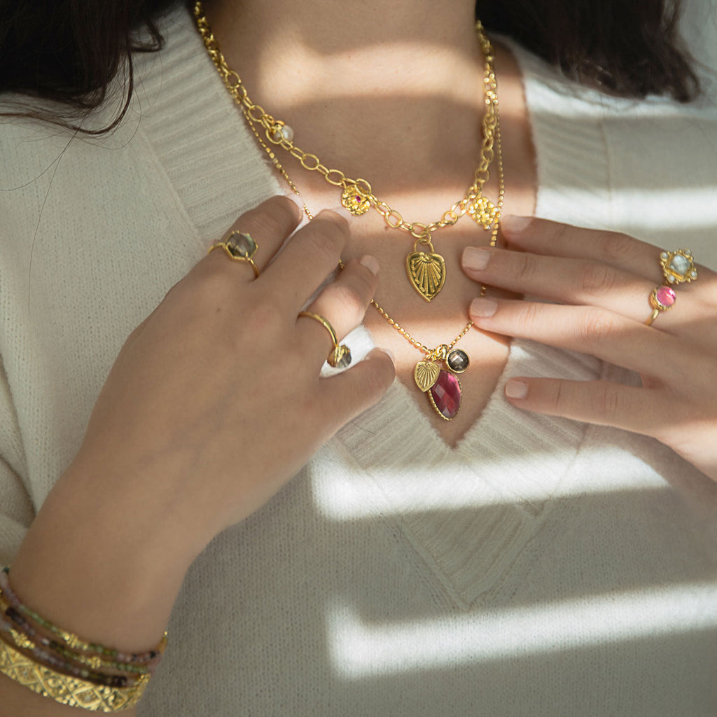 Janus Gold Charm Necklace: Pearl, Pink Zircon & Mother of Pearl