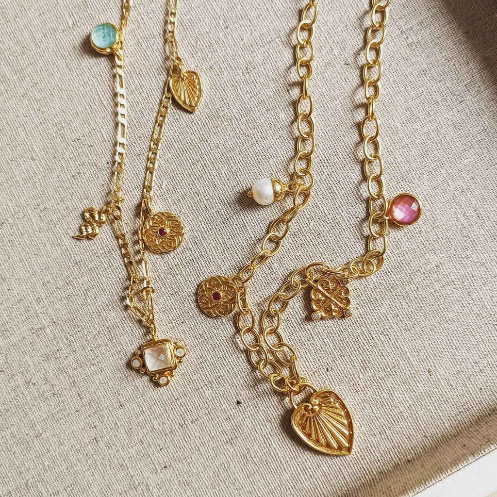 Janus Gold Charm Necklace: Pearl, Pink Zircon & Mother of Pearl
