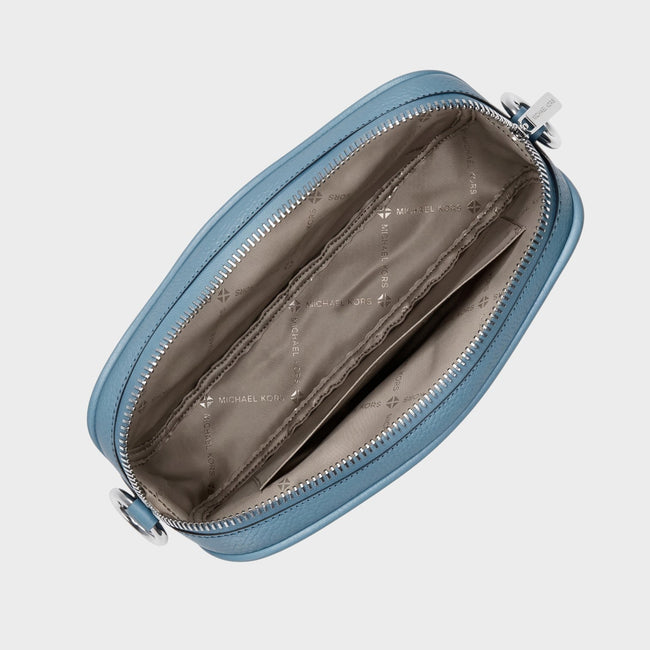 Bolso cruzado para cámara Jet Set pequeño con logotipo distintivo en denim azul