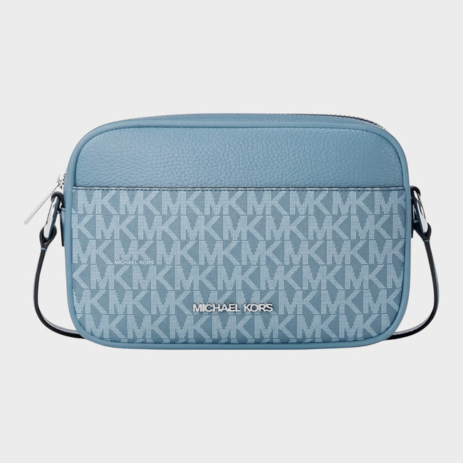 Bolso cruzado para cámara Jet Set pequeño con logotipo distintivo en denim azul