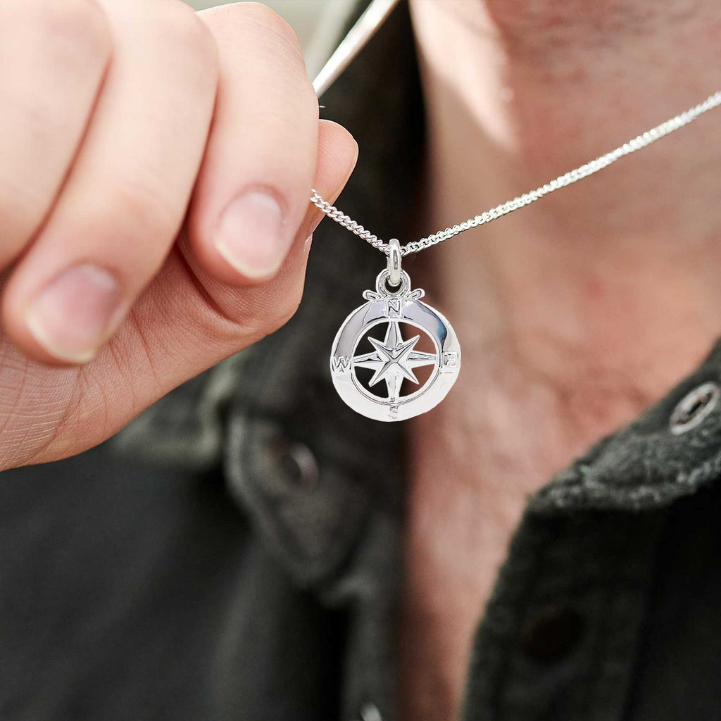 Enamel Outline Compass Large St Christopher Silver Necklace