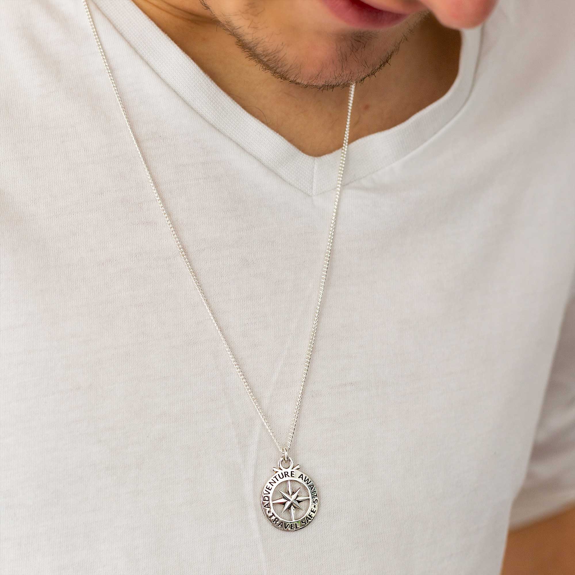 Travel Safe Outline Compass Large St Christopher Silver Necklace