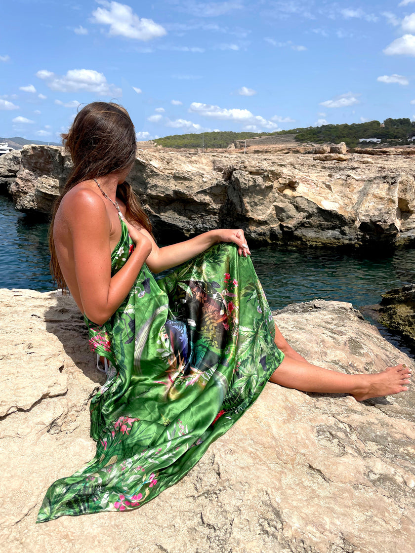 Large green silk scarf with mushroom and crystal, magical ‘Evissa’ print