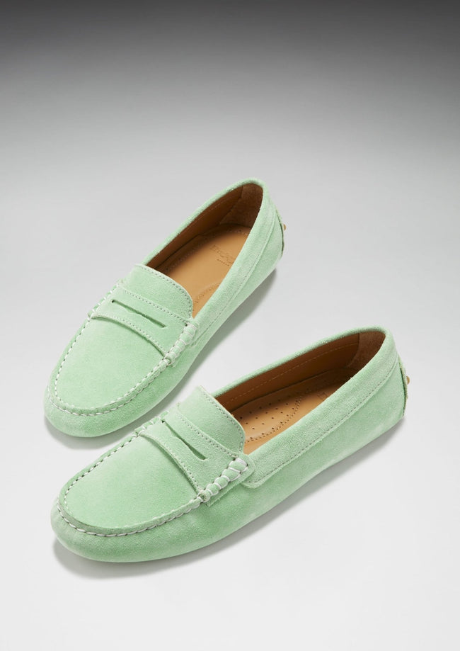 Women's Penny Driving Loafers, lagoon green suede