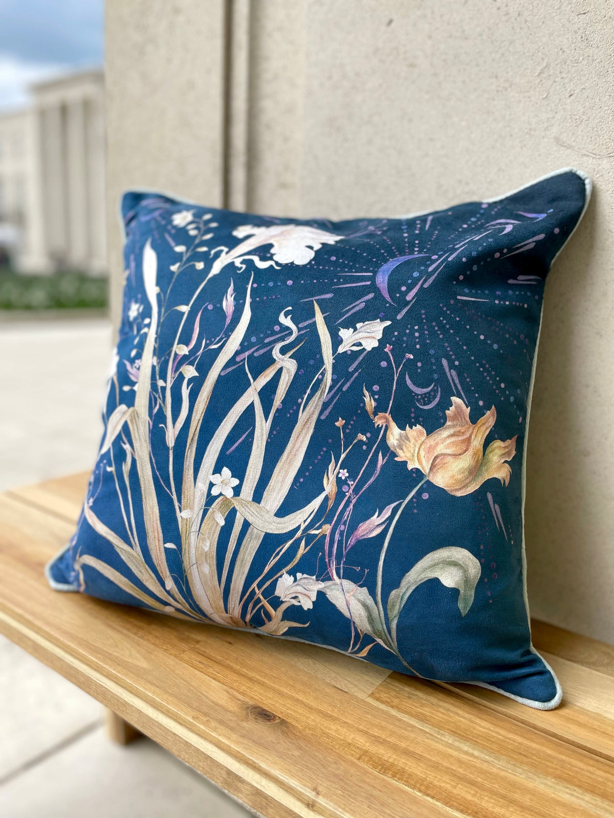 Navy Floral watercolour art Cushion 'Midnight' double sided design, made from Vegan friendly Suede