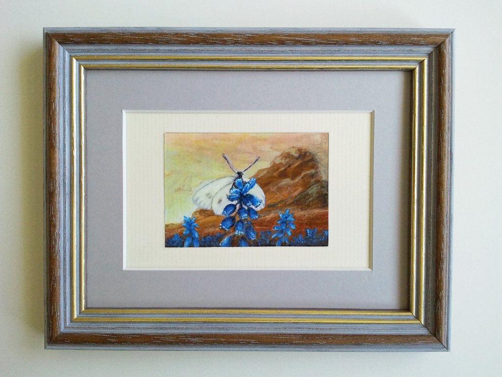 Miniature Painting of Scottish Butterfly on Bluebells