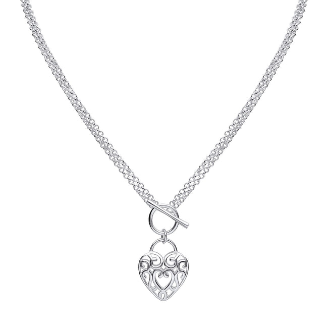 Beginnings Large Filigree Heart Double Chain T-Bar Necklace