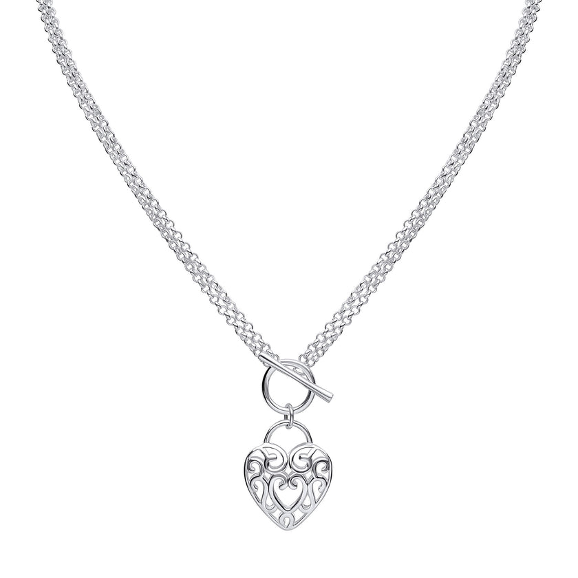 Beginnings Large Filigree Heart Double Chain T-Bar Necklace