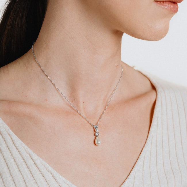 Diamonfire Alternating Shell Pearl and Zirconia Drop Necklace