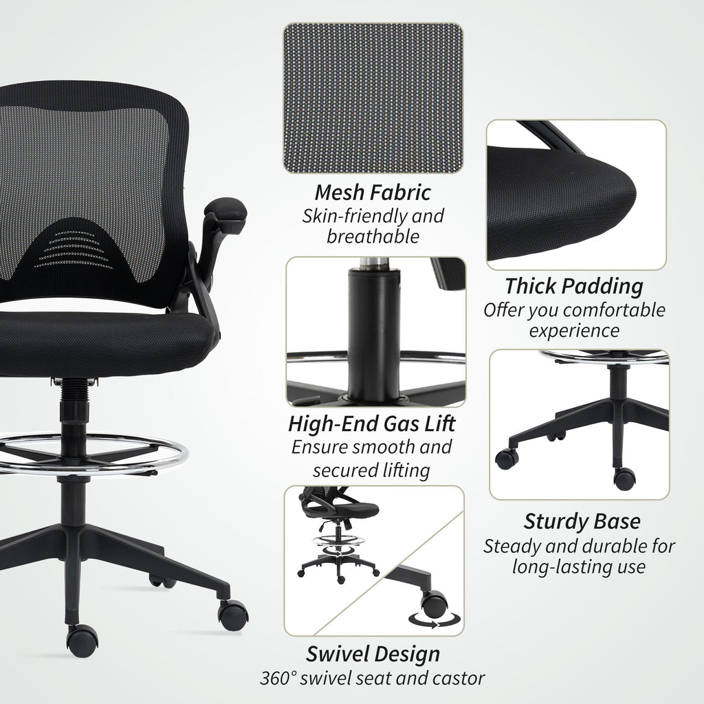 Vinsetto Drafting Chair with Flip-up Armrest, Mesh Office Stool with Foot Ring, 360° Swivel Height Adjustable Chair for Standing Desk, Black