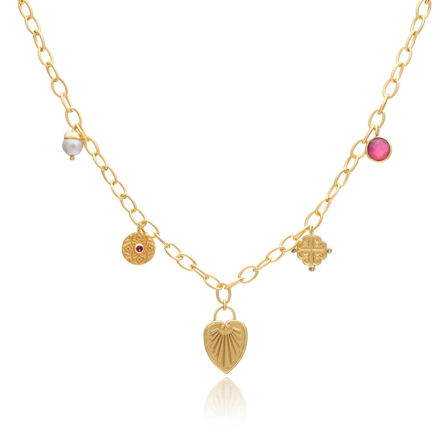 Janus Gold Charm Necklace: Pearl, Pink Zircon & Mother of Pearl
