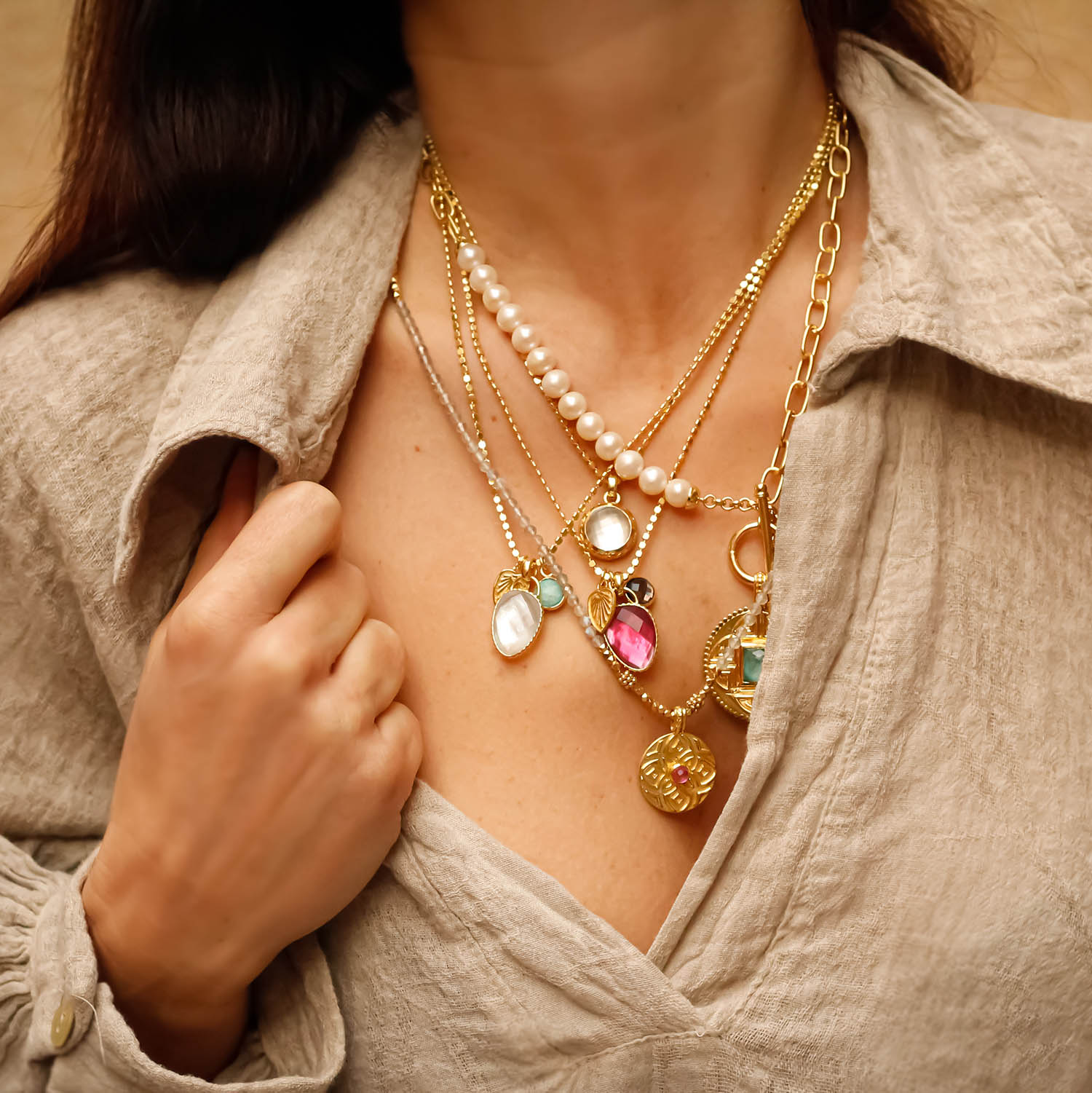 Odyssey Two Stone Pendant Necklace with Palm Leaf Charm Pyrite & Amazonite