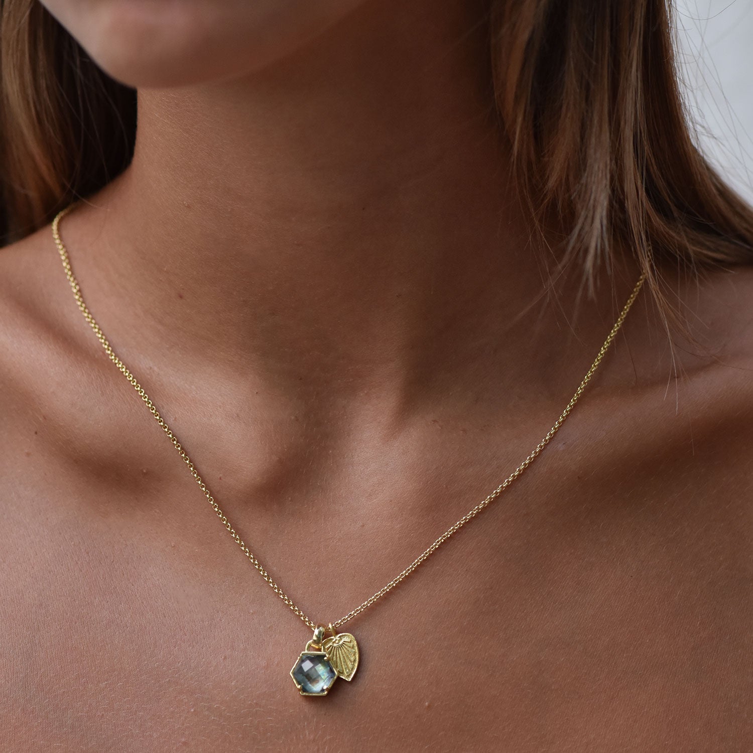 Thea Hexagon Gemstone and Palm Leaf Charm Necklace: Pyrite with Crystal