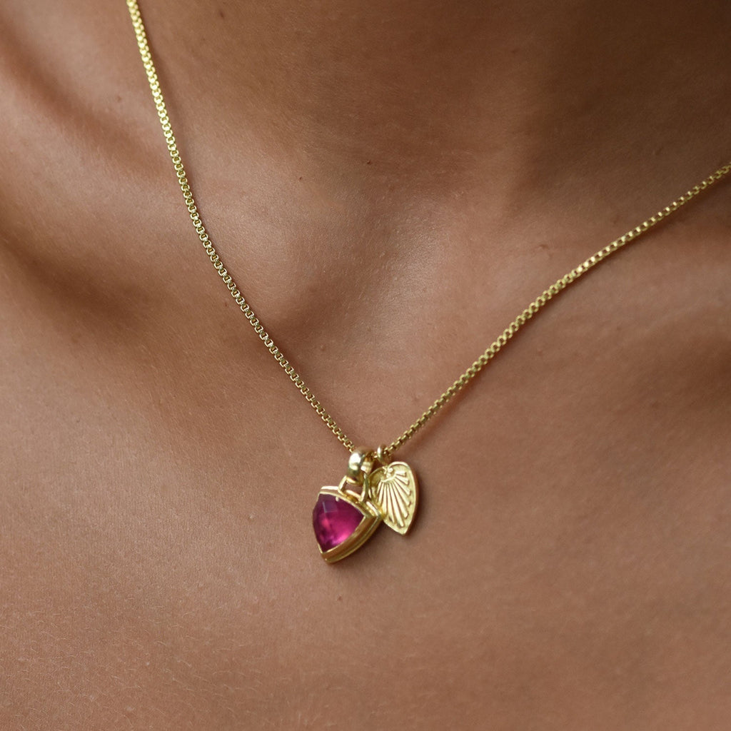 Trillion Doublet Pendant Necklace with Palm Leaf: Pyrite with Rhodolite Quartz
