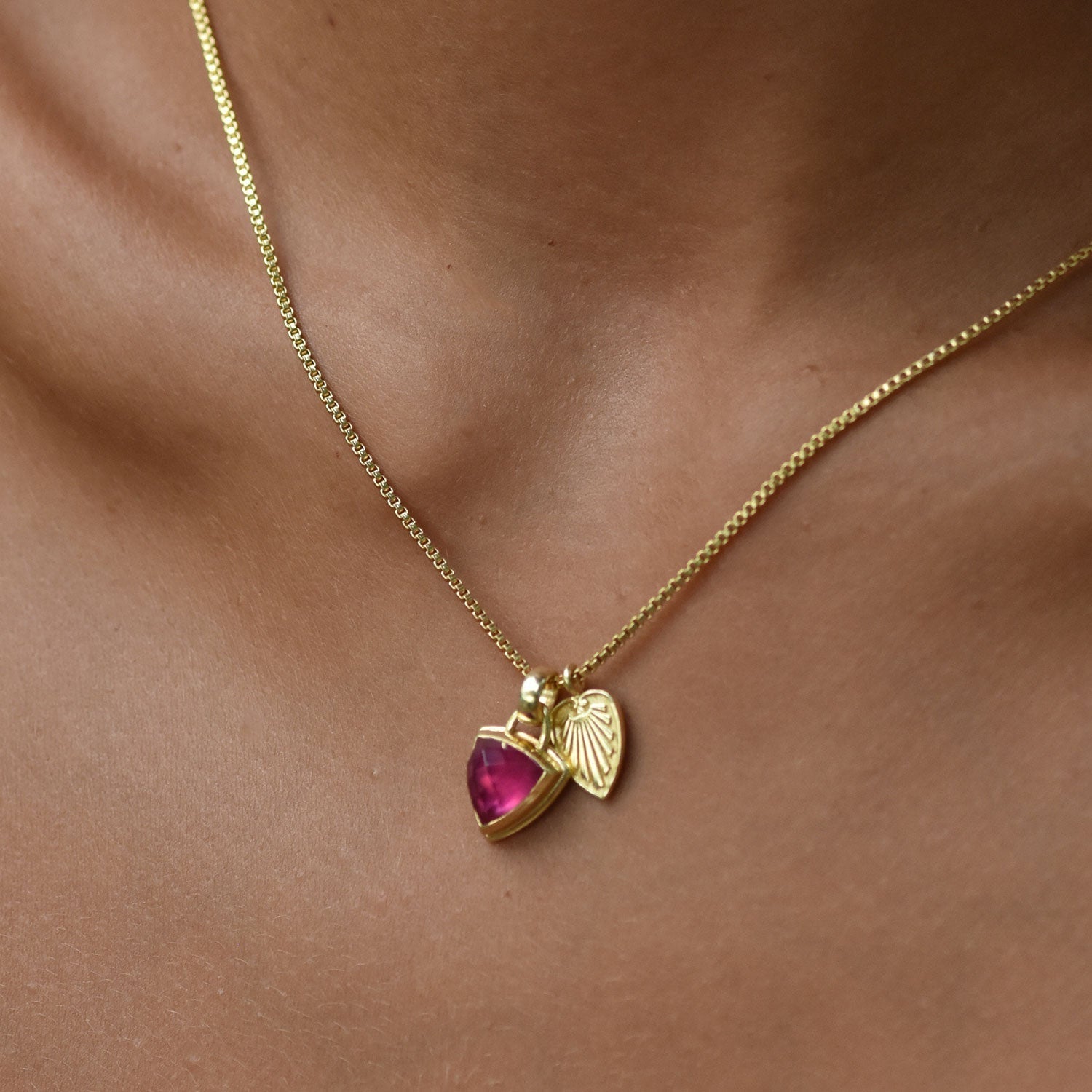 Trillion Doublet Pendant Necklace with Palm Leaf: Pyrite with Rhodolite Quartz