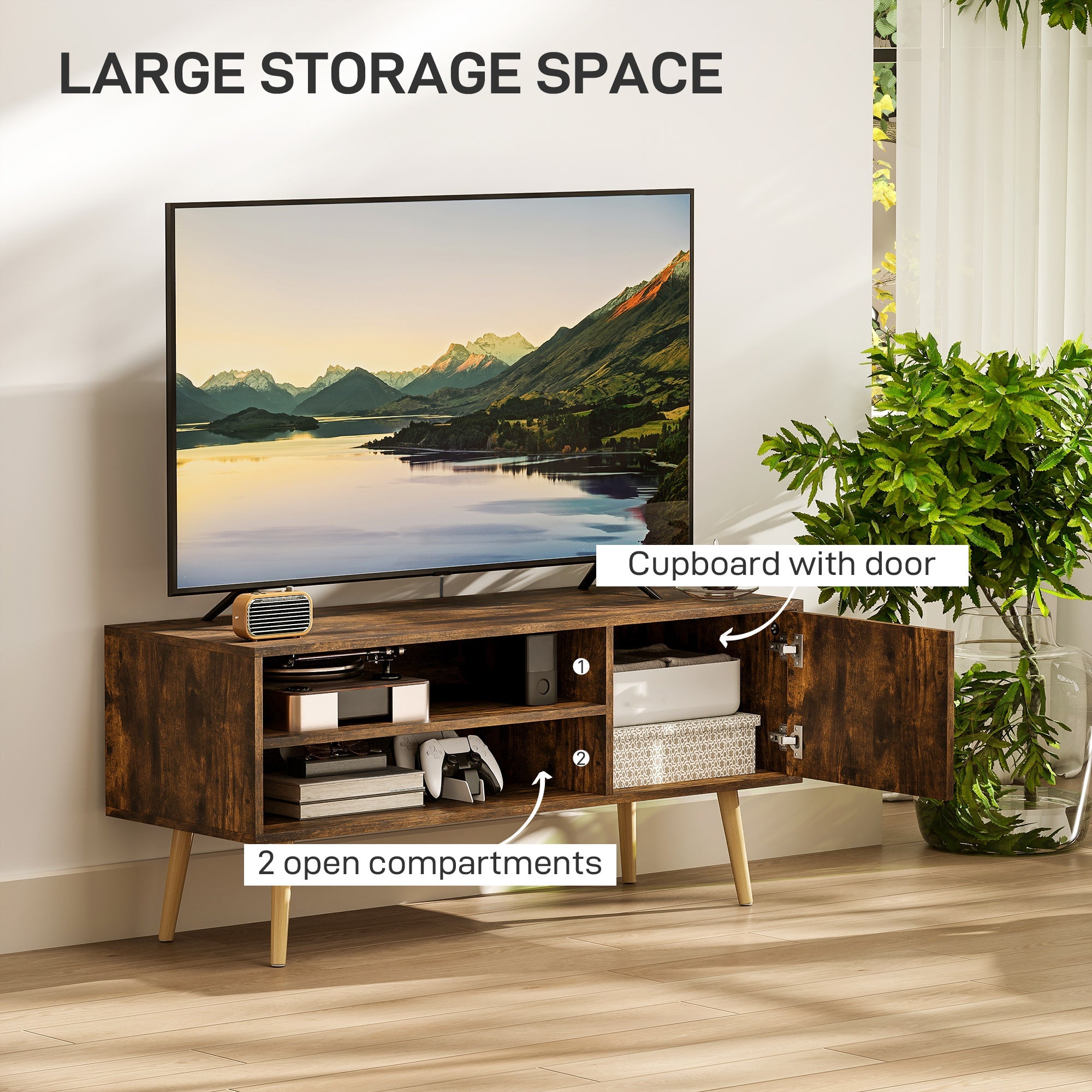 HOMCOM TV Stand up to 55 Inches, TV Unit with Open Shelves and Cable Holes - Brown