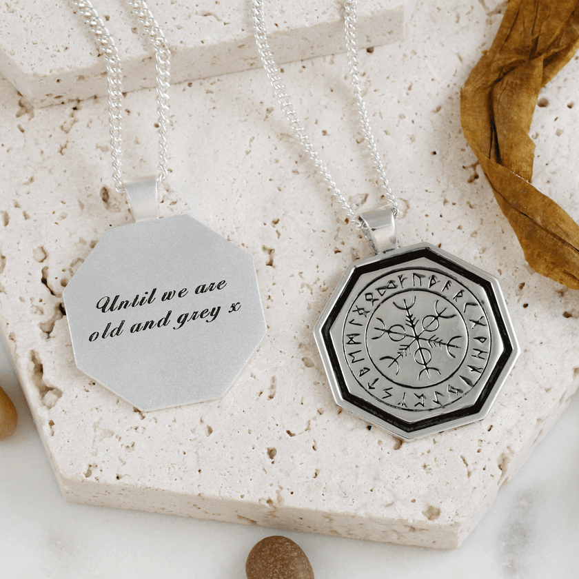 Oktagonaler Vegvisir Wikinger Runen Personalisierter Silberkette