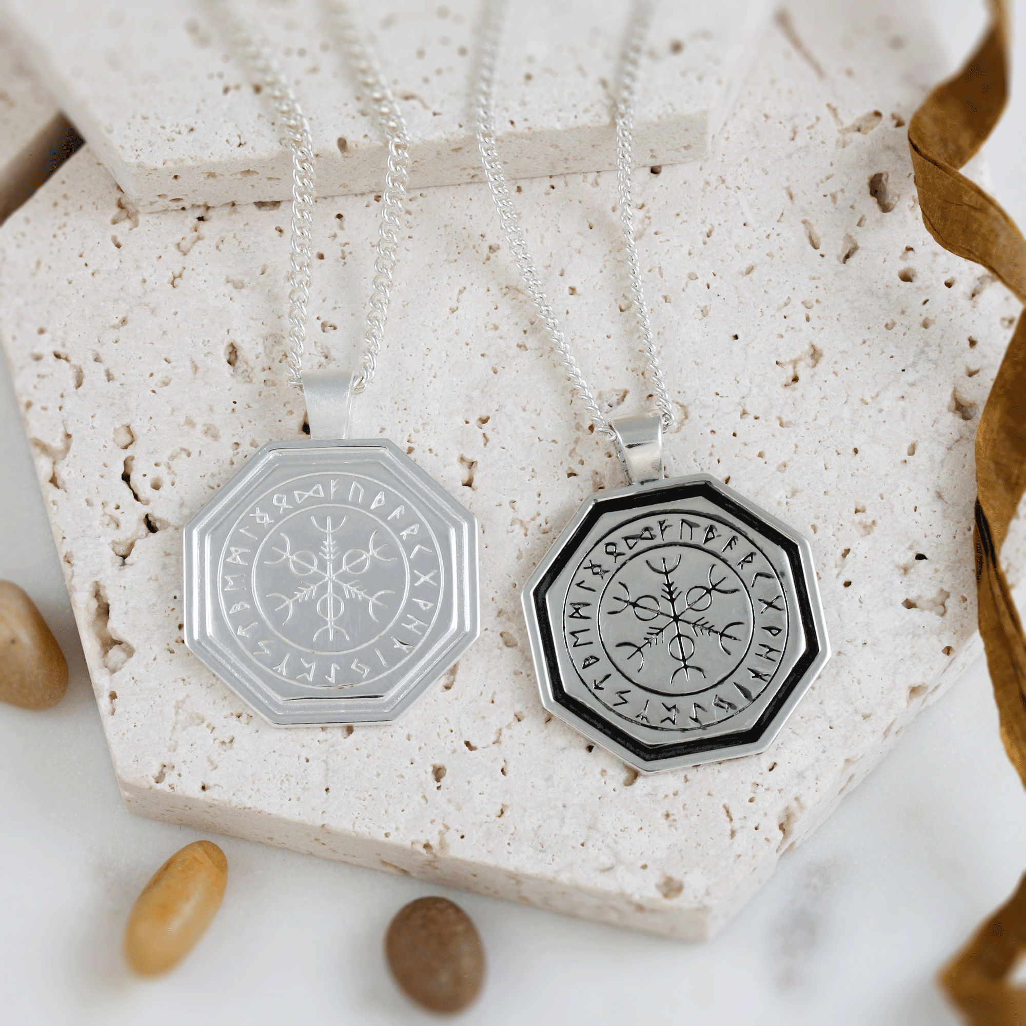 Oktagonaler Vegvisir Wikinger Runen Personalisierter Silberkette