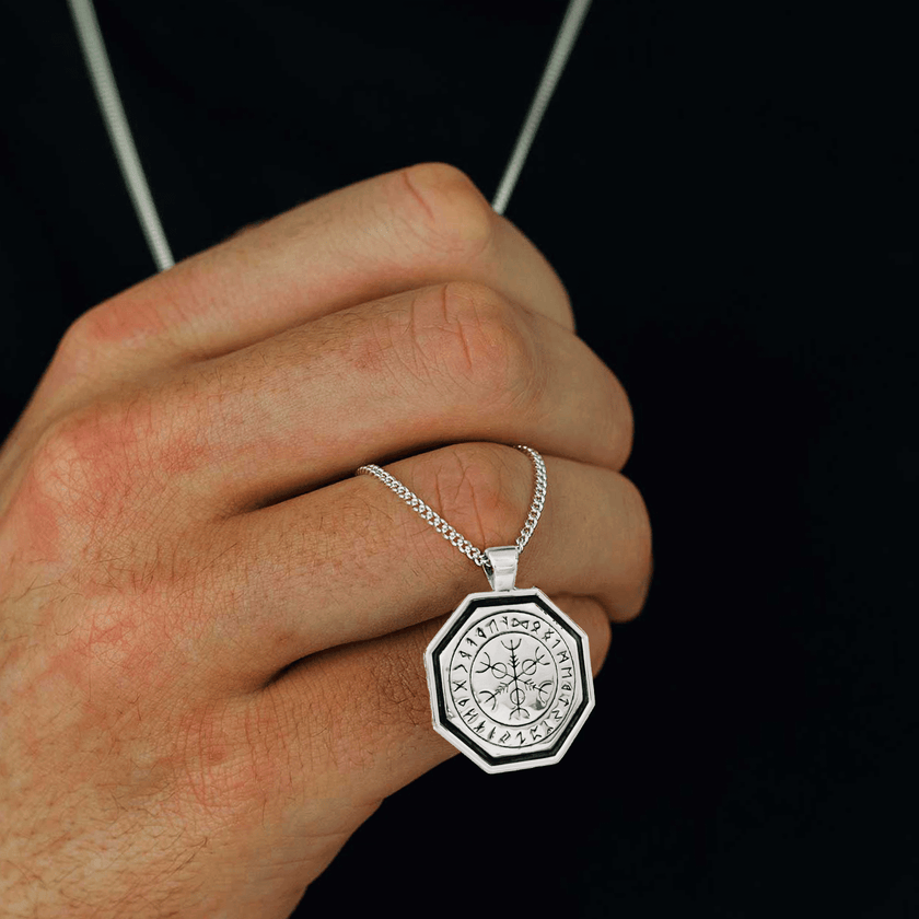 Oktagonaler Vegvisir Wikinger Runen Personalisierter Silberkette