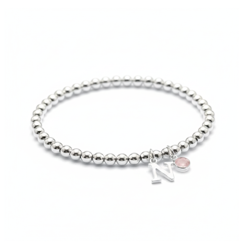 Initial & October Birthstone Bracelet | Personalised Stretch Bead Bracelet