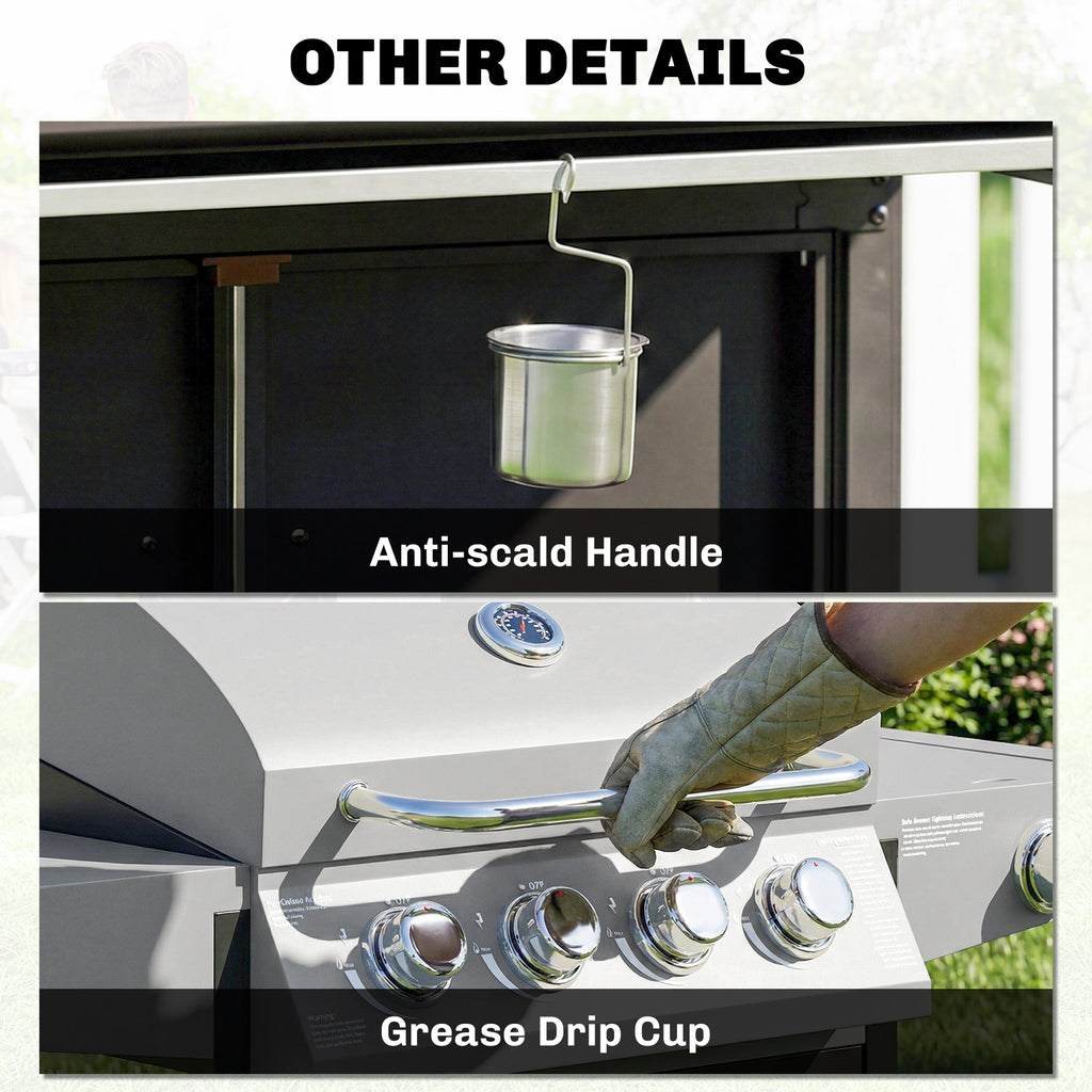 Outsunny 4+1 Burner Gas BBQ Grill with Side Burner, 50000 BTU Steel Portable Gas Barbecue Grill with Built-in Thermometer, Lid