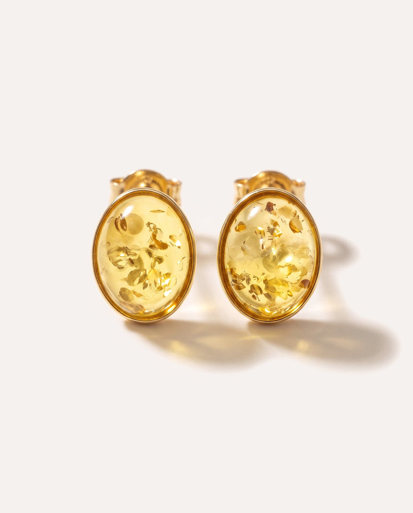 Oval Citrus Amber and Gold Stud Earrings