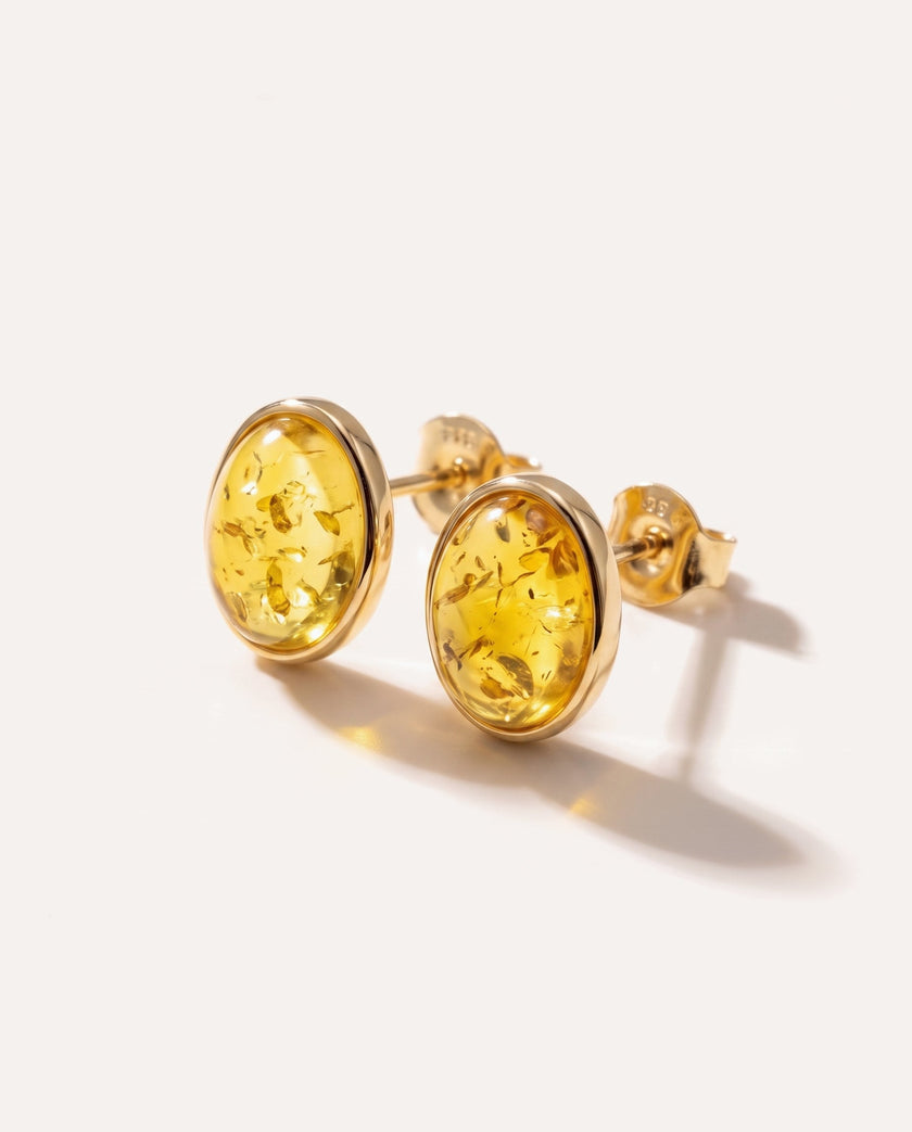 Oval Citrus Amber and Gold Stud Earrings