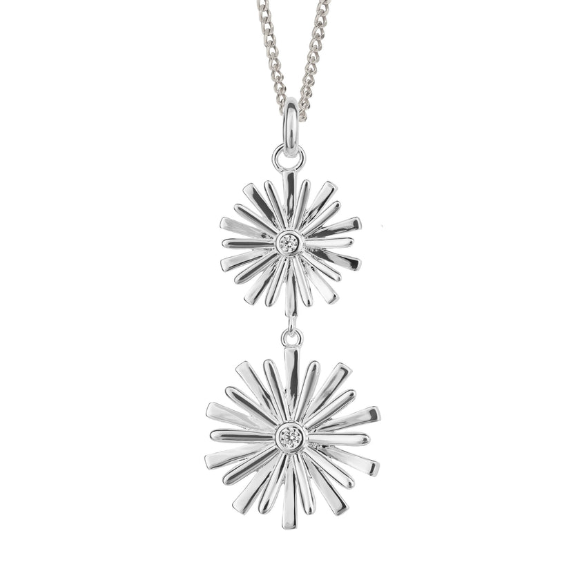 Beginnings Stylised Double Flower Drop Pendant with Cubic Zirconia