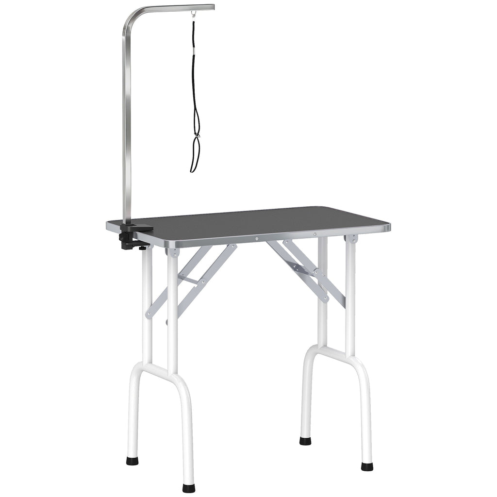 PawHut 32" Foldable Dog Grooming Table Pet Drying Beauty Table Adjustable Fixed Arm Rubber Top, Black