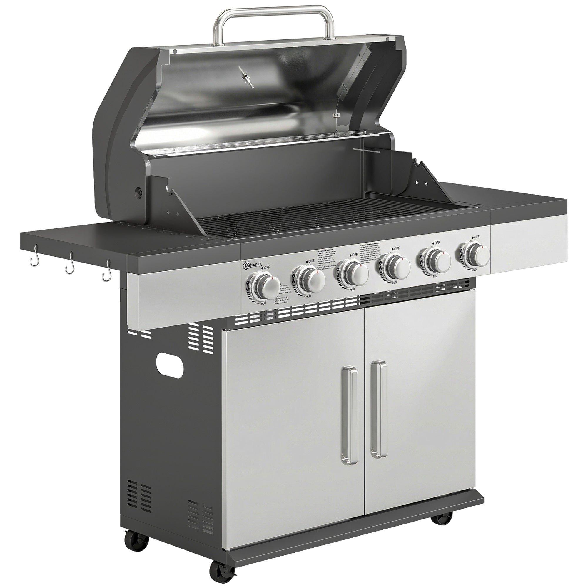 Outsunny 6 Burner Liquid Propane Gas BBQ Grill, Outdoor Portable Gas Barbecue Grill with Warming Rack, Side Tables, Cabinet