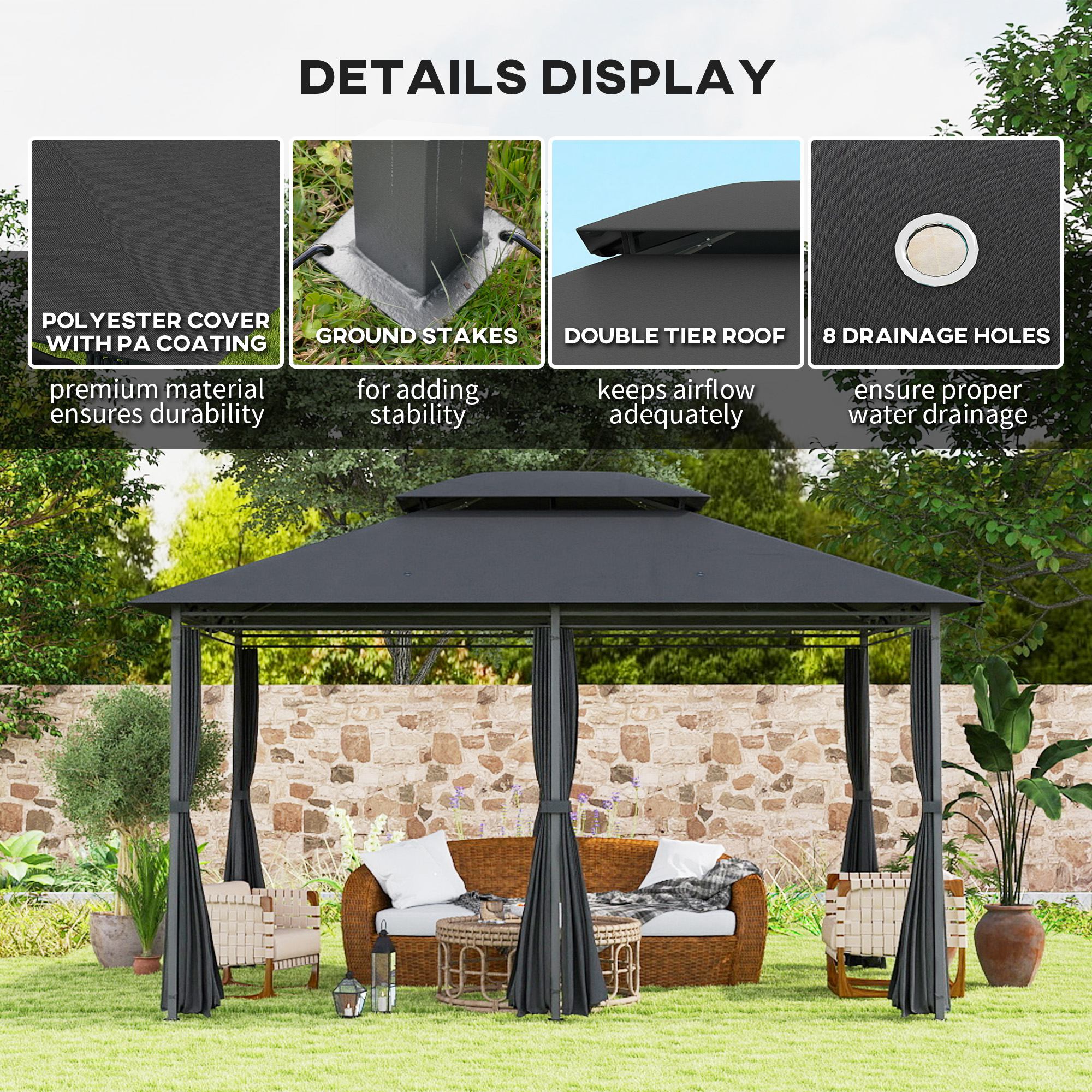 Outsunny 3 x 4m Steel Gazebo, with Curtains - Black