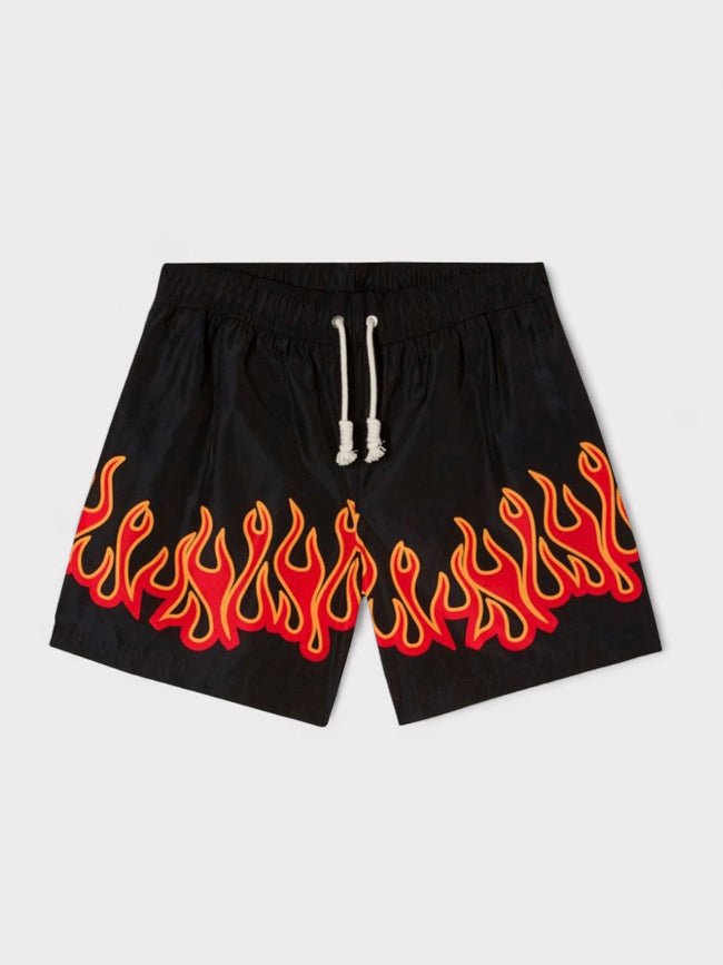 Bañador corto con estampado Burning Flames, negro