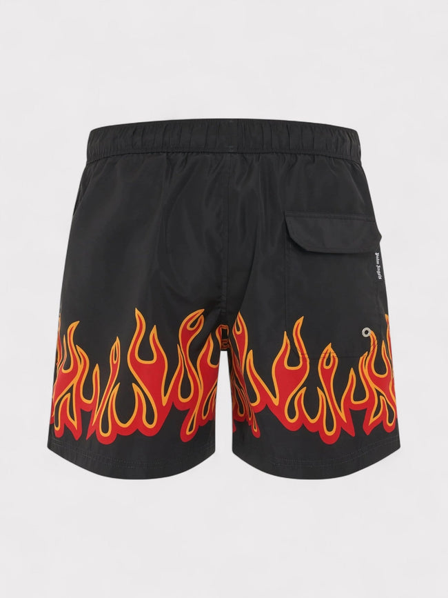 Bañador corto con estampado Burning Flames, negro