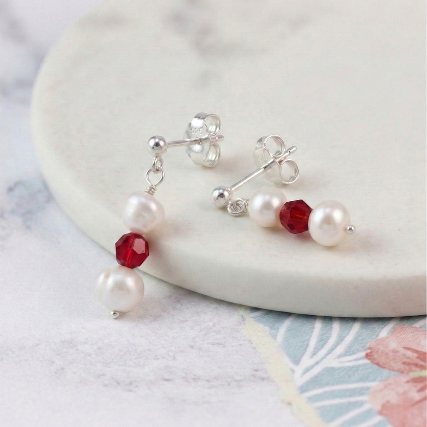 Freshwater Pearl and Scarlet Earrings