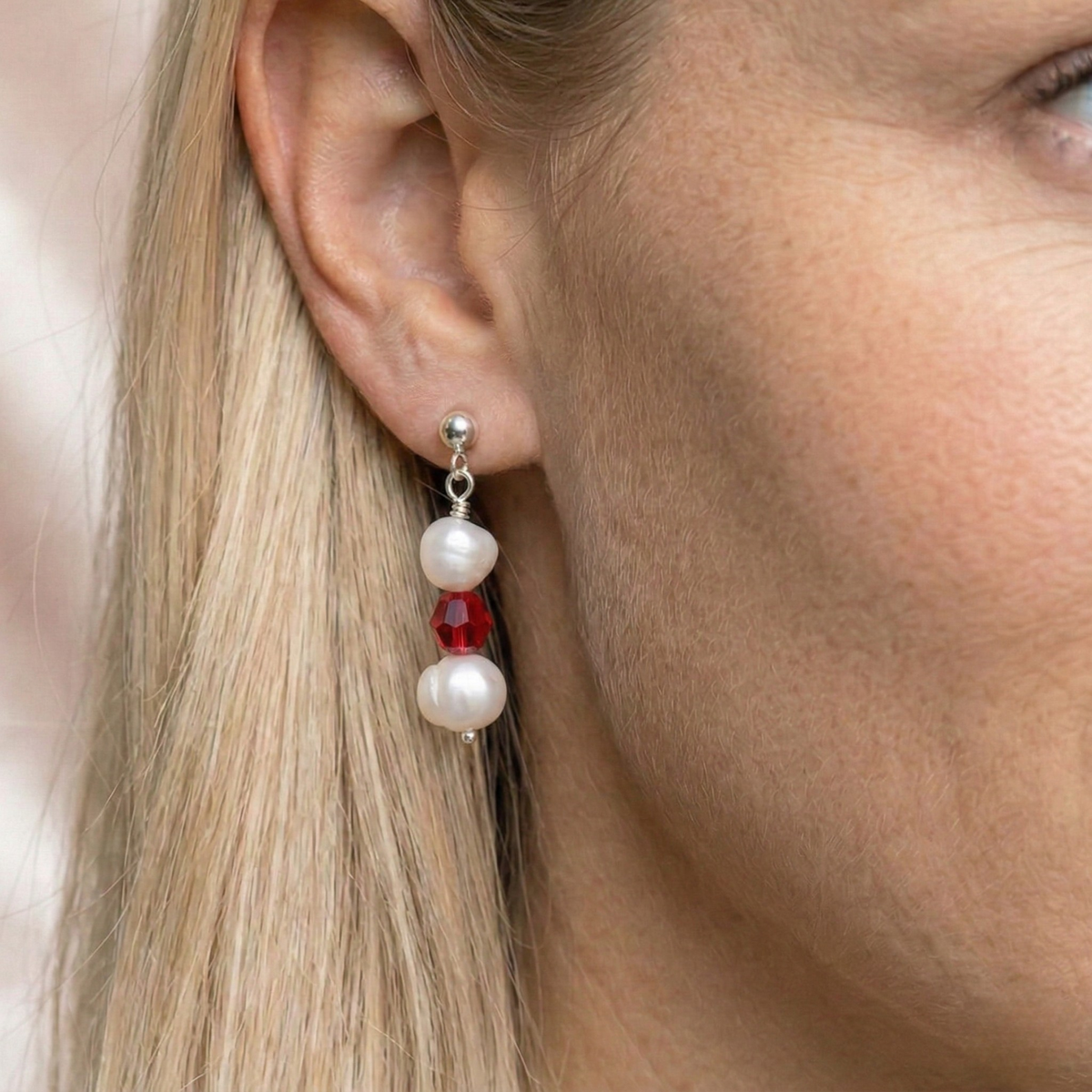 Freshwater Pearl and Scarlet Earrings