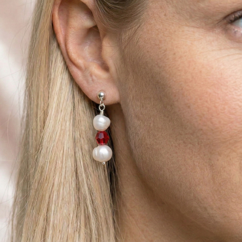 Freshwater Pearl and Scarlet Earrings