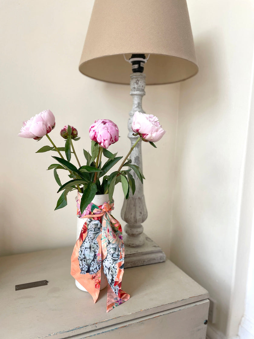 Peach botanical 'Panthera' skinny Silk scarf, delicate, lightweight Twilly style scarf accessory with animal print texture