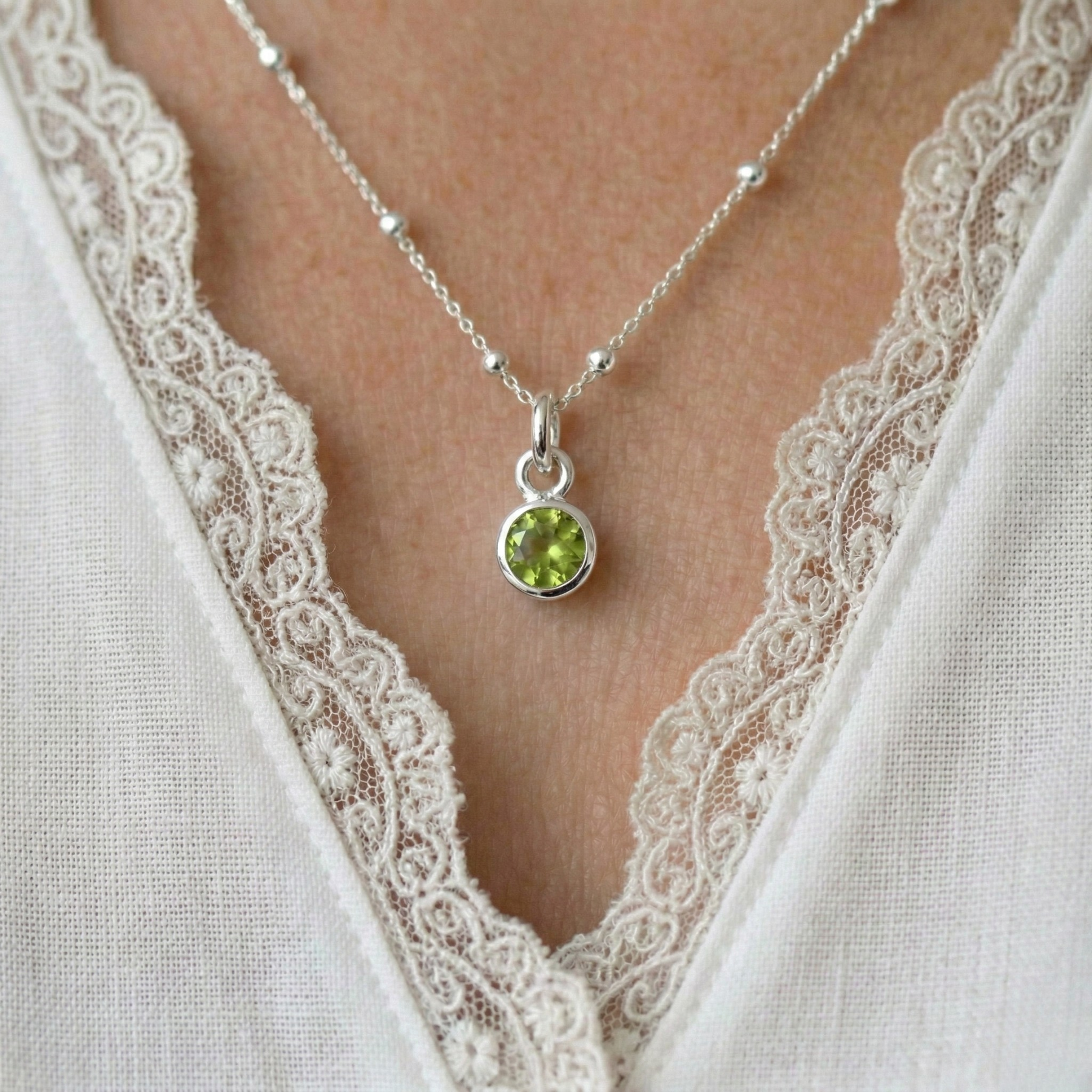 Silver Peridot August Birthstone Necklace