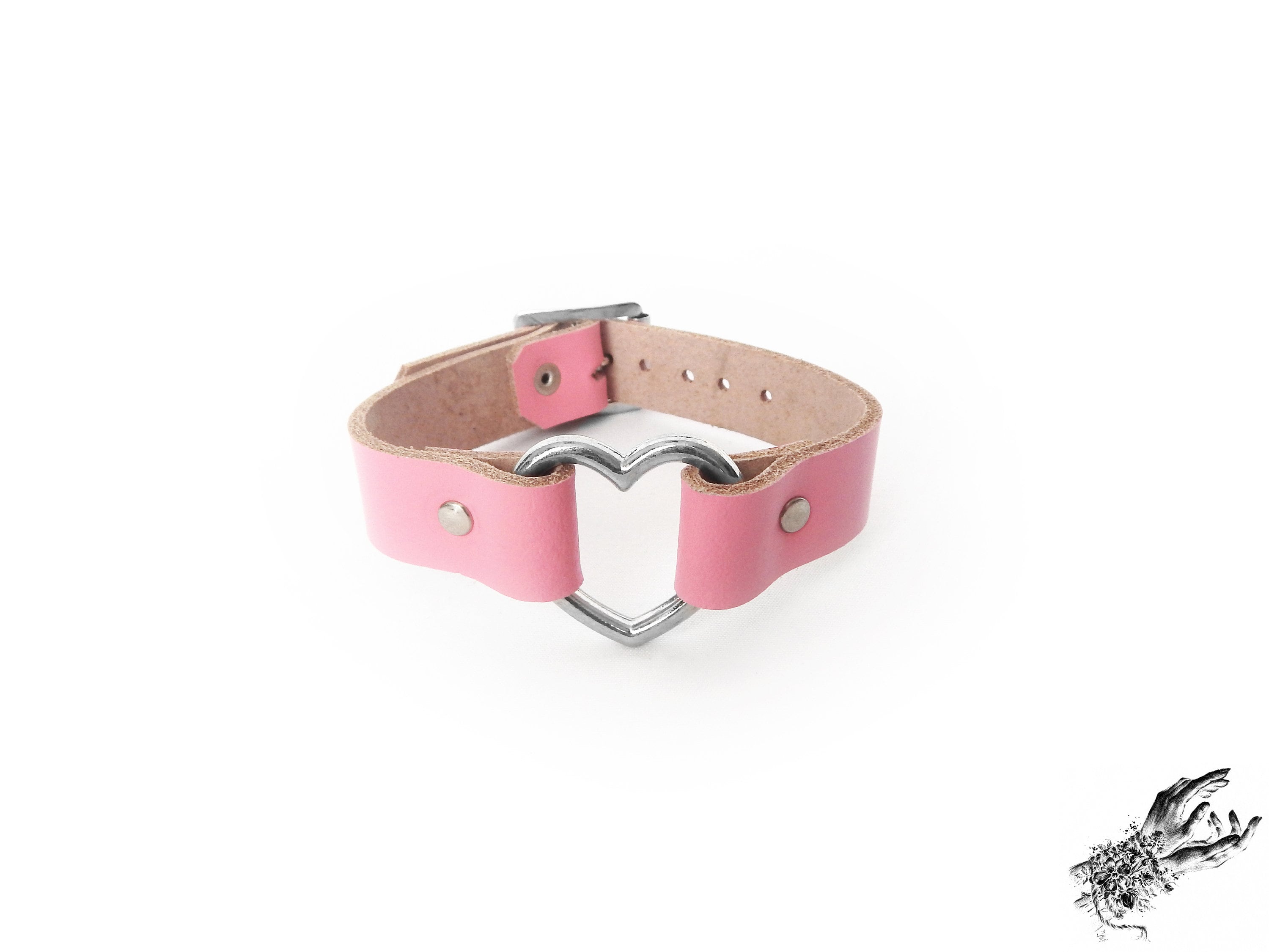 Pink Leather Heart Ring Wristband