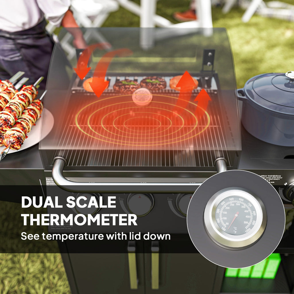 Outsunny 3+1 Burner Gas BBQ Grill with Storage Cabinet and Shelves, 11.6 kW Gas Barbecue Trolley with 6 Castor Wheels, Warming Rack, Thermometer for Outdoor Cooking Garden Party, Black