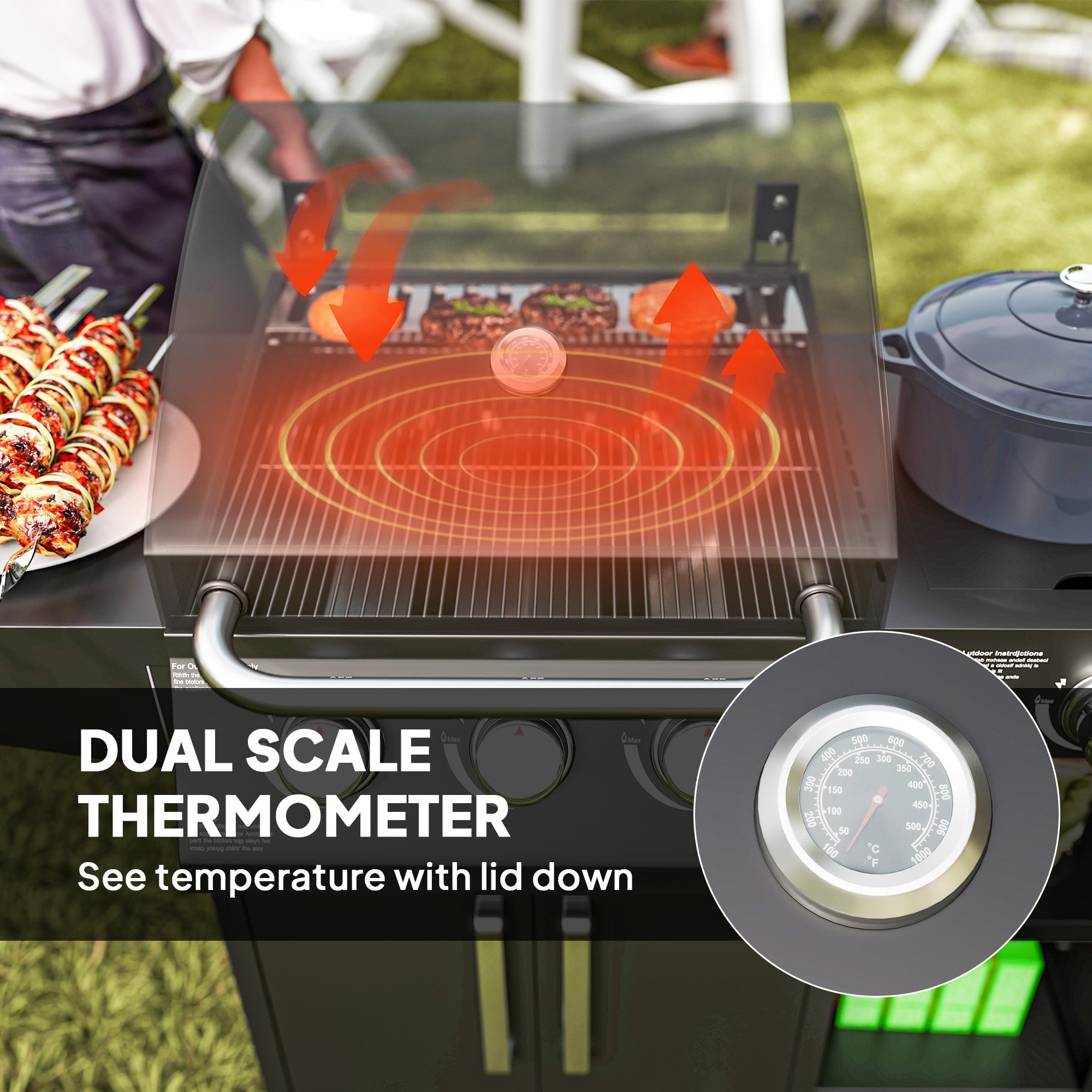 Outsunny 3+1 Burner Gas BBQ Grill with Storage Cabinet and Shelves, 11.6 kW Gas Barbecue Trolley with 6 Castor Wheels, Warming Rack, Thermometer for Outdoor Cooking Garden Party, Black
